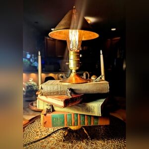 Vintage Brass & Book Stack Table Lamp With Brass Snails